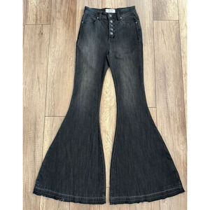 We‎ The Free Free Bell Bottom Button Front Frayed Hem Black Denim Jeans Size 26